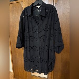 Adiva Black Eyelet Detail Cotton Blouse Dress, 3X